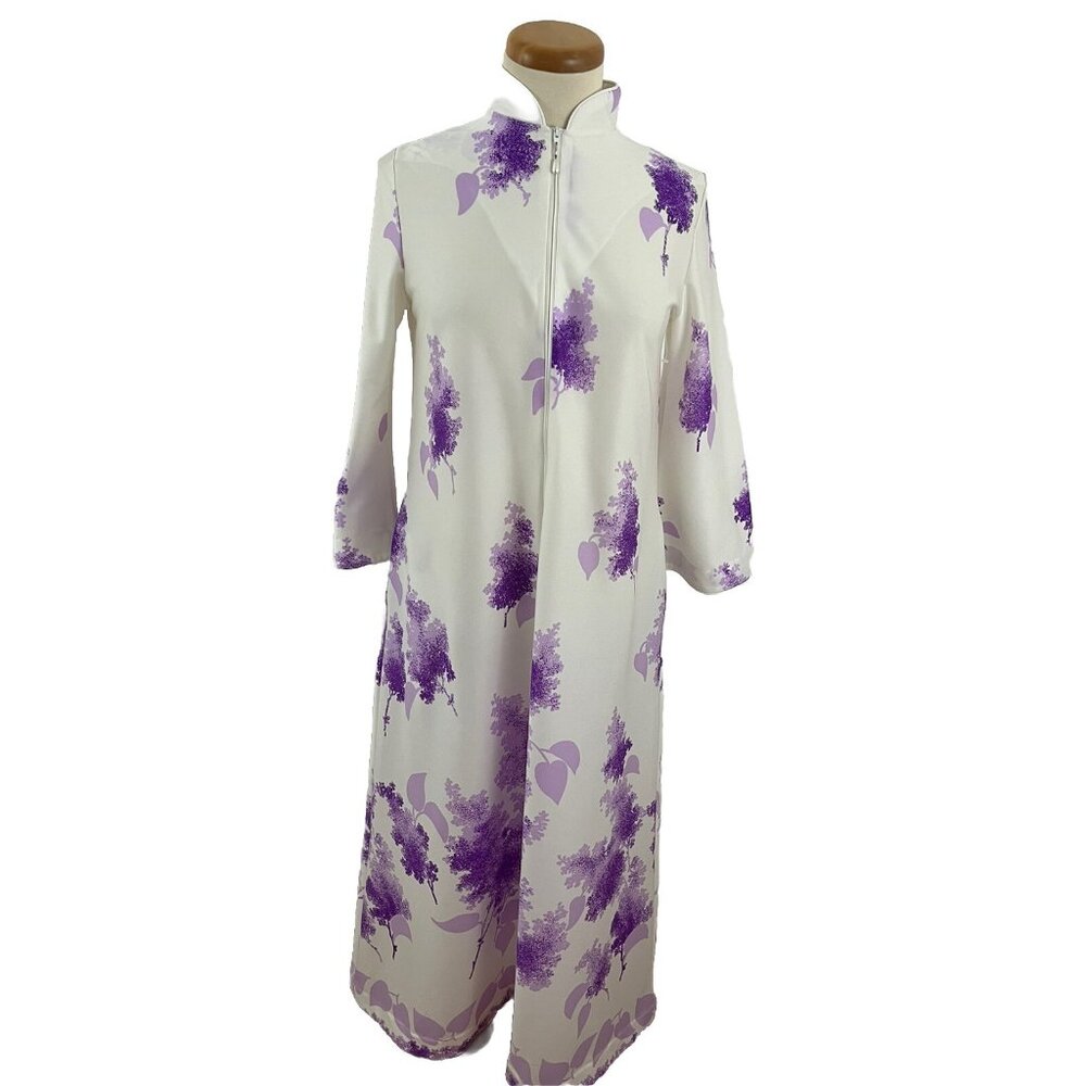 Vintage David Brown Women's P Muumuu Kaftan Robe Zipper Purple Lilac Flower